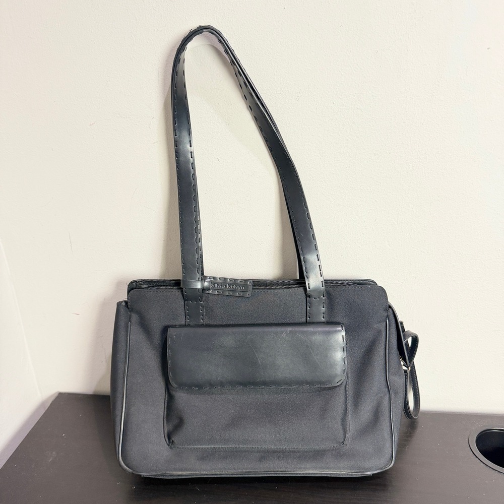 Silvia Kelvyn Black Canvas Shoulder Bag Tote Whipstitch Detail Minimalist Work